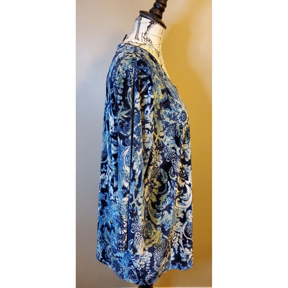 Catherines 2X Plus Velour Blouse Blue Floral Paisley 3/4 Sleeve Stretch Top - Picture 5 of 7